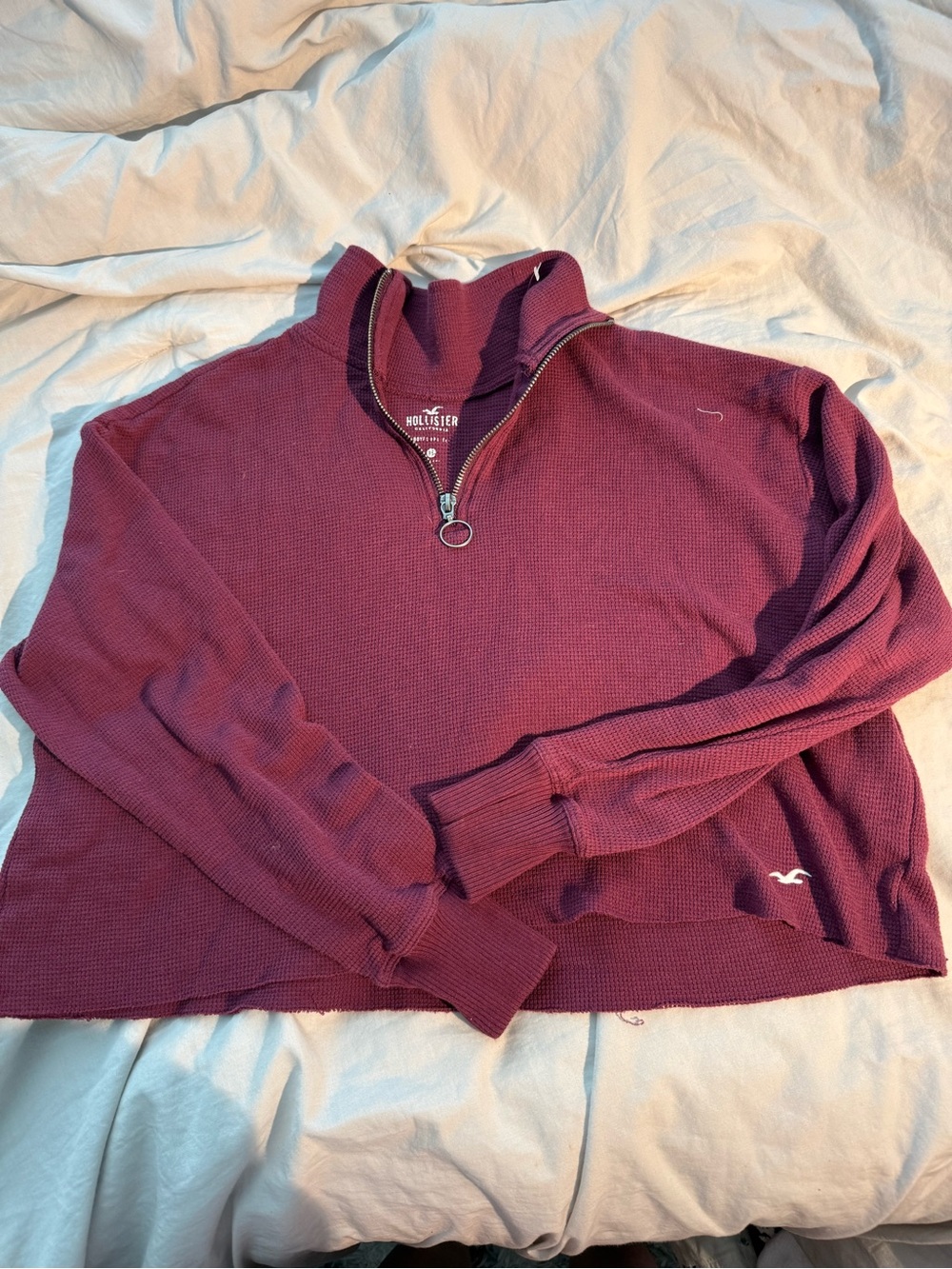 Hollister Women's Maroon Quarter-Zip Waffle Knit Pullover